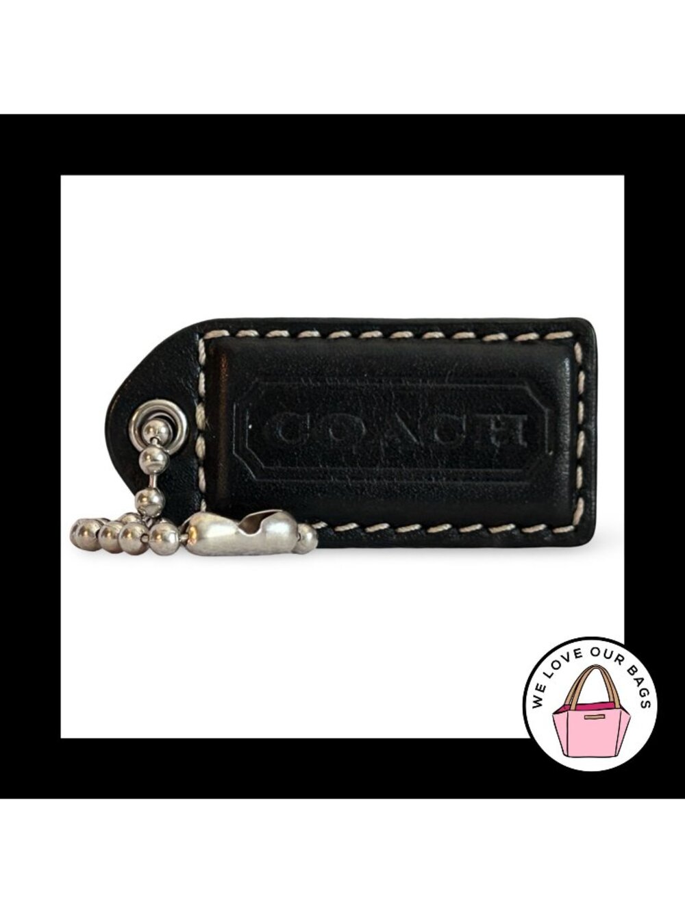 COACH Y2K VINTAGE Hang Tag 2" Black Leather Bag Charm Keychain Fob Nickel Medium